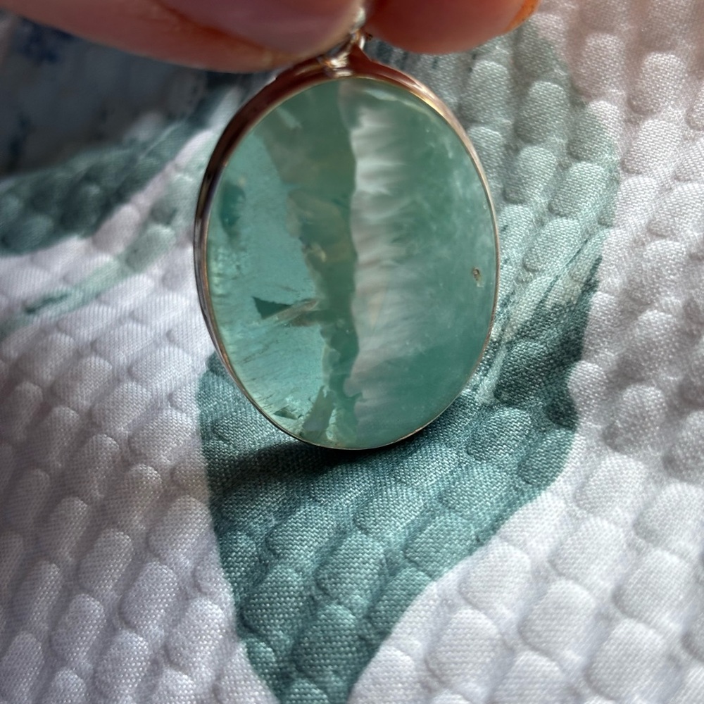 Unique Teal Green Single Stone Moonstone (?) 1.75” Sterling Silver Pendant